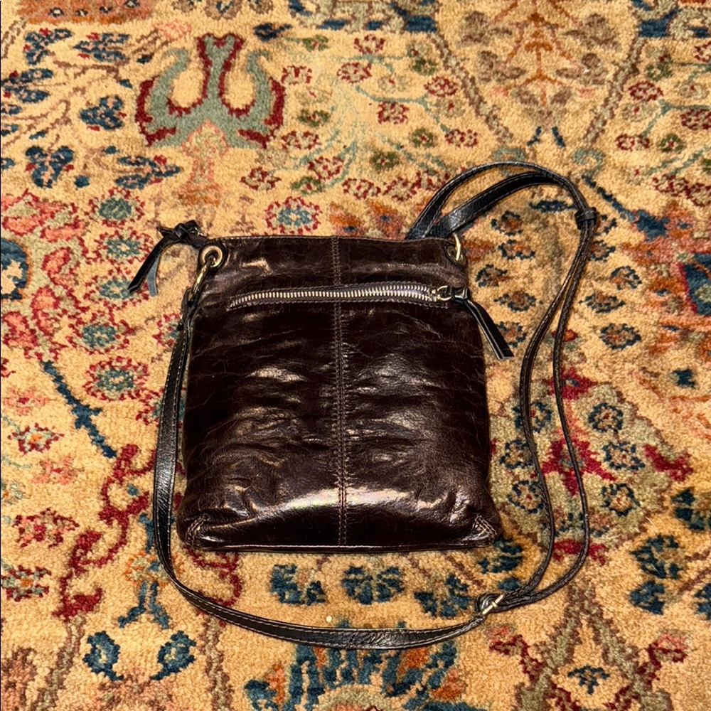 Black Distressed Leather Crossbody Bag with Glossy Finish